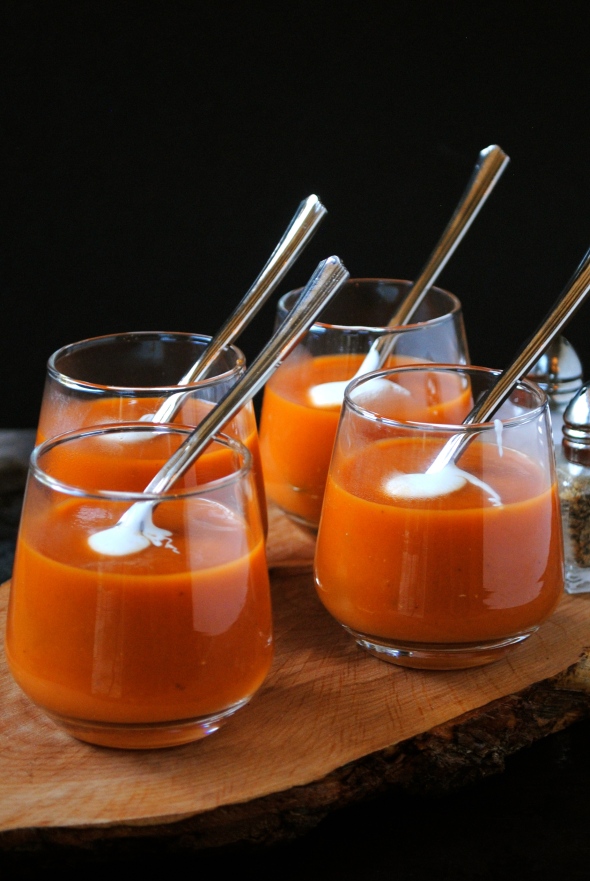 Roasted Tomato Soup - Soup Shots with a dollop of Creme Fraiche